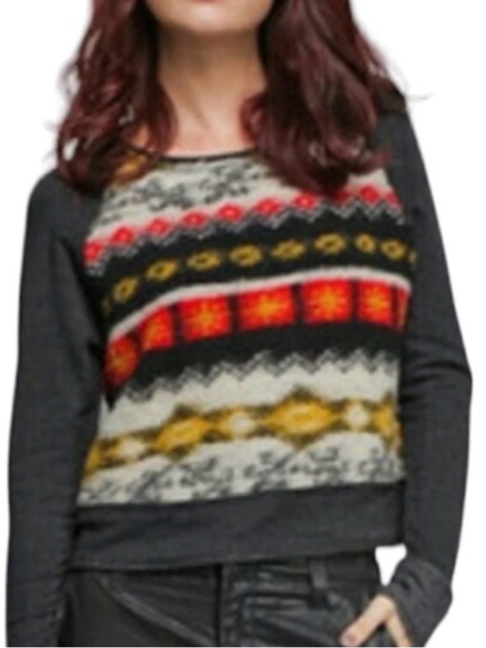 dolan Black Sweater with Red and Yellow Fair Isle Panel sz XS